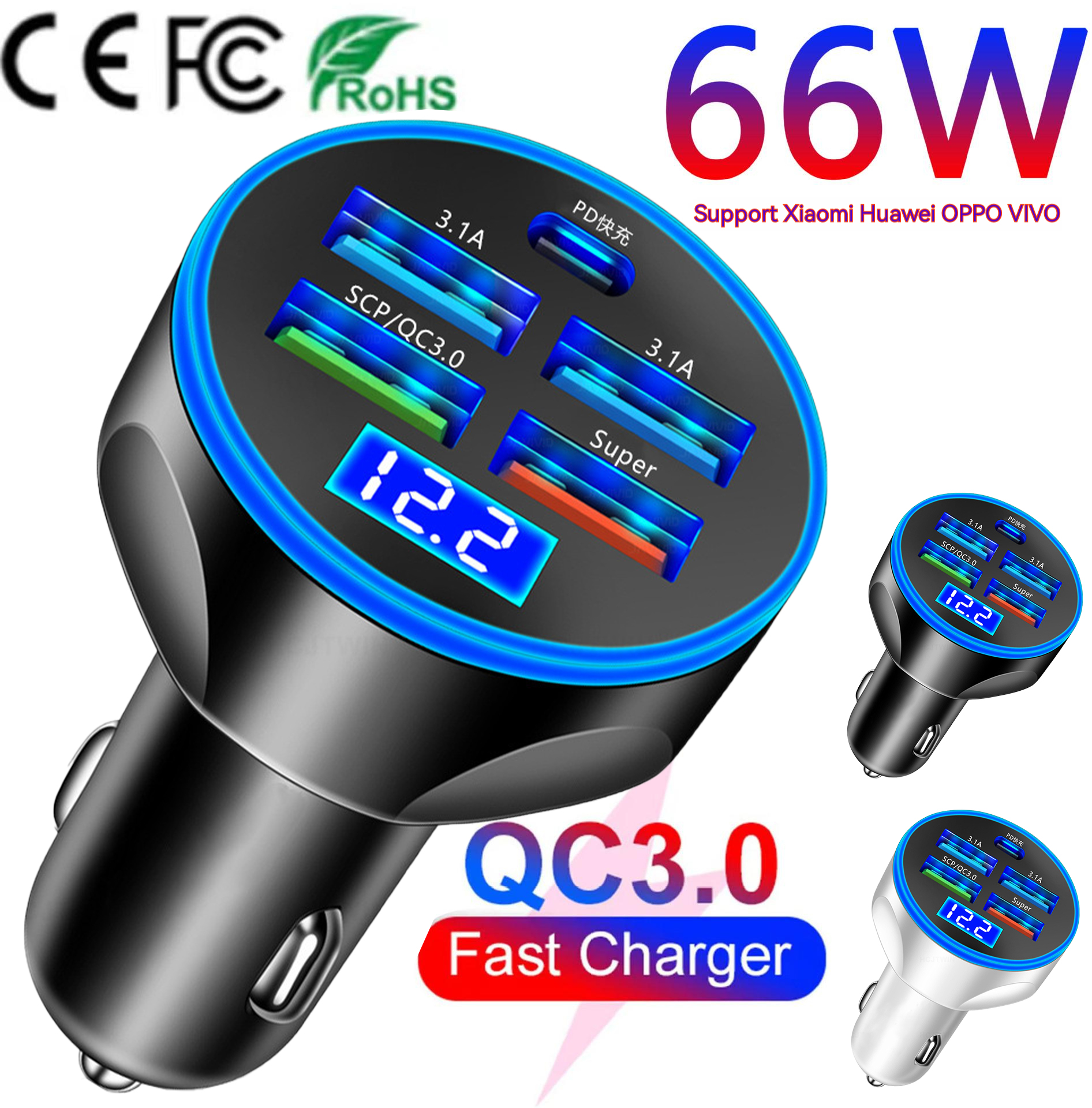 66W Car Charger 5Ports Super Fast Charging Adapter Quick Charge 3.0 For iPhone 12 13 Xiaomi Note Samsung Huawei In Car