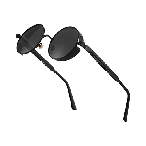 Men's Steampunk Polarized Sunglasses with Professional UV Protection, Round Gothic Shades for Women, Metal Round Frame