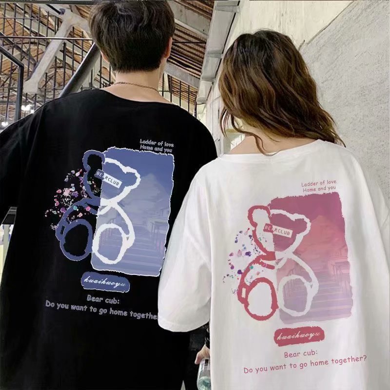 Couple Short T-Shirt Korean Style Bear Graffiti Print Loose Oversize Short Sleeve Top [NLSD-D167]