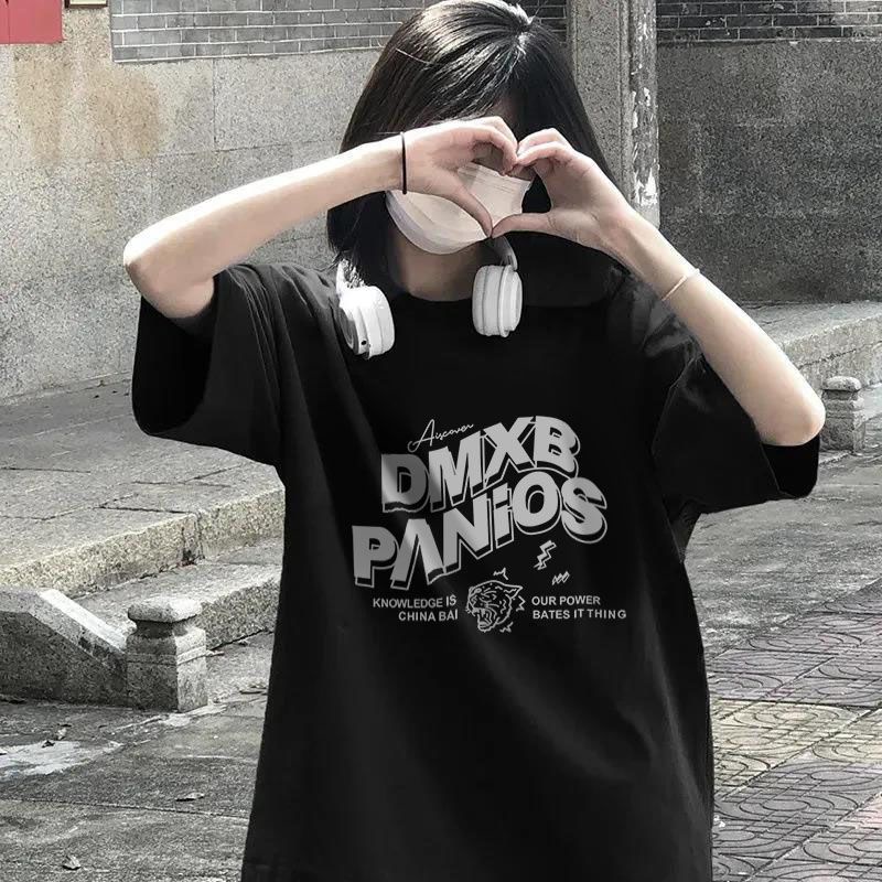 Short-sleeved T-shirt women's round neck ins style Korean tops summer short sleeves loose Japanese simple couple tops printed half-sleeved tops