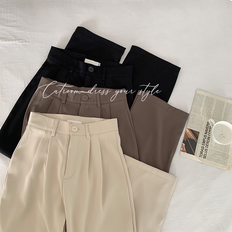 [CATROOM] High-waisted slimming trousers for girls, drapey texture, pleated wide-leg trousers, suit floor-length trousers, wide-leg trousers, high-waisted suit trousers