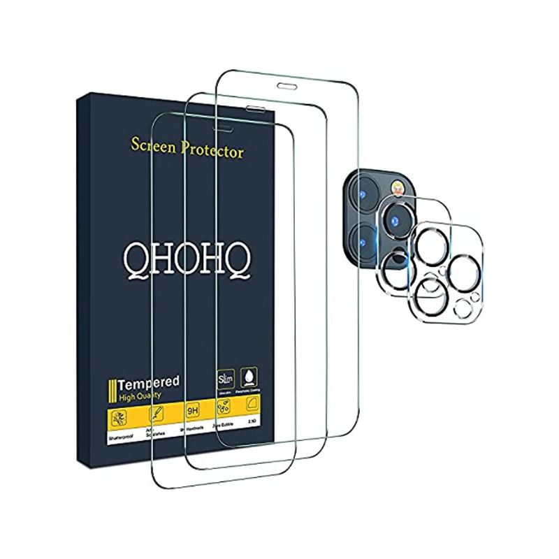 QHOHQ 3 Pack Screen Protector for iPhone 12 Pro Max 6.7" with 2 Pack Tempered Glass Camera Lens Protector, Ultra HD, 9H Hardness, Scratch Resistant, Easy Install - Case Friendly