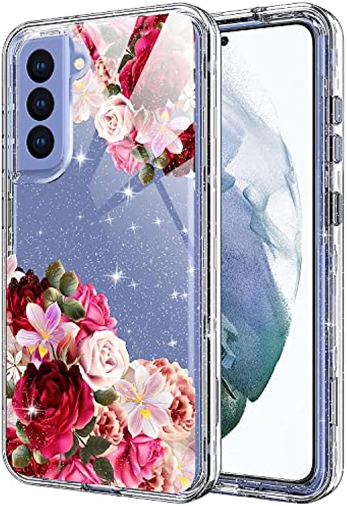 KJSK Case for Samsung S21 Fe，Heavy Duty Impact Resistant Floral PC Back Case + Sturdy TPU Cover and Front Cover Full Body Protective Cover for Samsung Galaxy S21 Fe 5G 2022