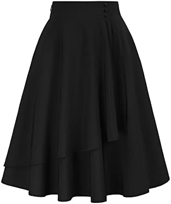 Belle Poque Wome's Vintage Ruffle Midi Skirts Elastic High Waisted Flowy A-Line Wrap Skirt with Pockets&amp;Buttons